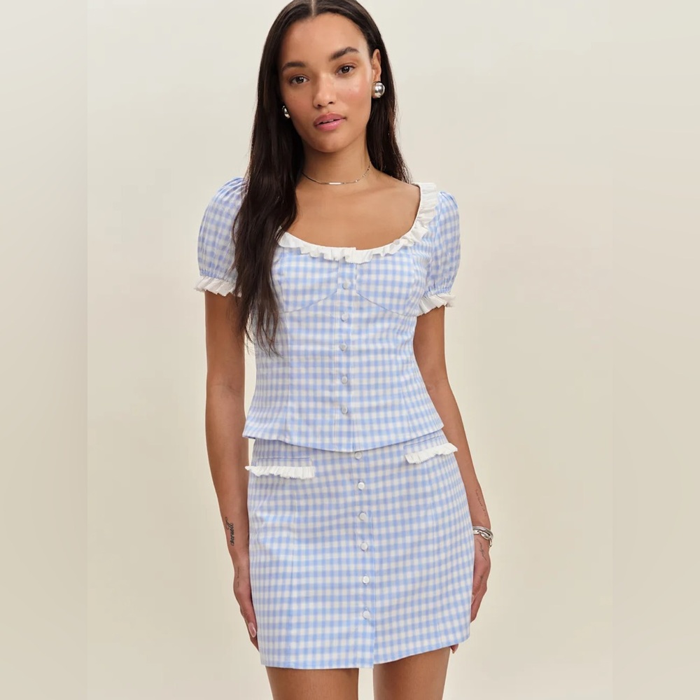 Reformation Janell Two Piece In Crystal Check, brand new, never worn, no flaws.